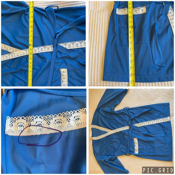 VTG Hand Made Blue Lace Trim 3 Piece Pajama Sleep Set Robe Shirt & Pants Small - Picture 4 of 12